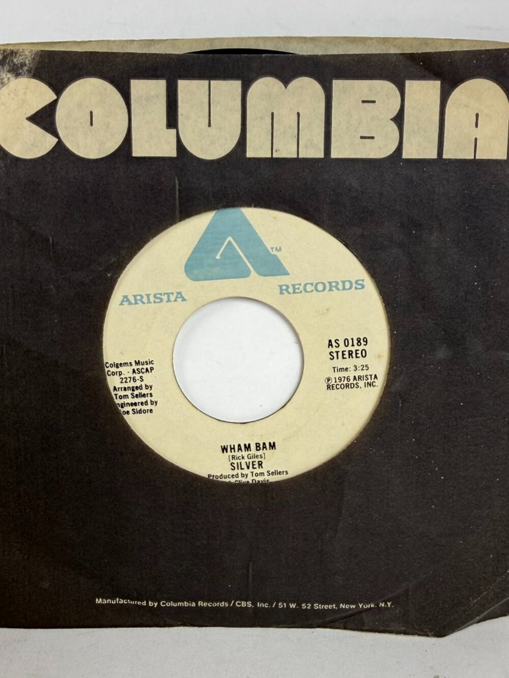 Silver - Wham Bam / Right On Time 7" Single 45 RPM (1976 Arista AS 0189)